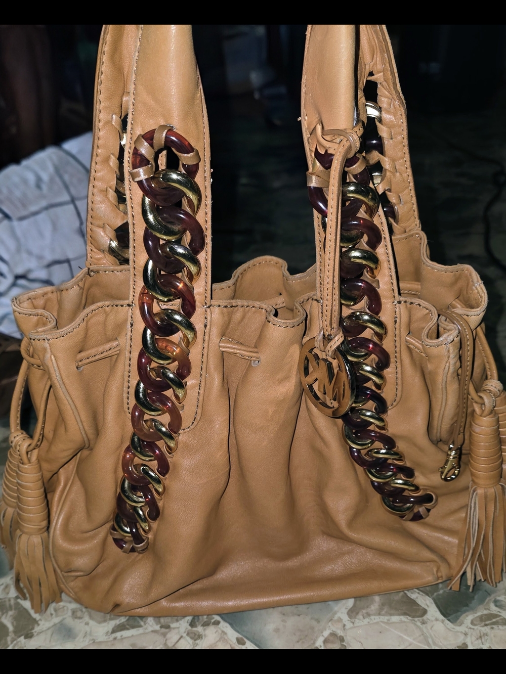 Michael Kors Tan Leather Chain-Accent Shoulder Bag